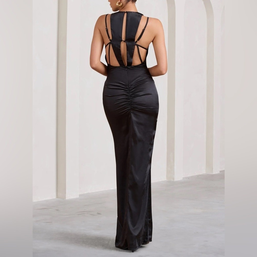 Club‎ L London Emery Black Satin Plunge Neck Strappy BackMaxi Dress Women's 2